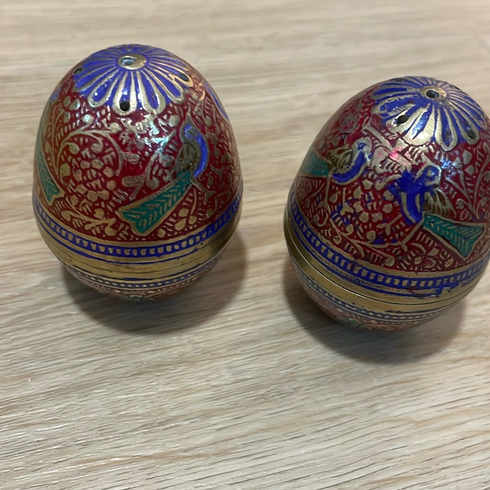 Brass egg shaped salt and pepper shakers
